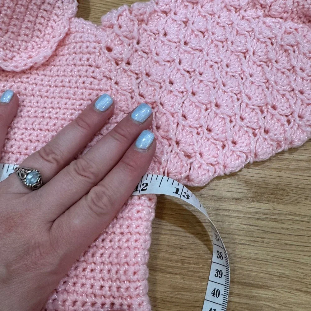 Handmade Pink Crochet Baby Dress Shimmer Knit Peter Pan Collar Shell 12-18M